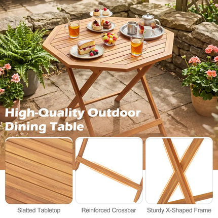 Acacia Wood Outdoor Folding Dining Table for 4 Octagonal with Slatted Tabletop - Natural - Patio Dining Tables