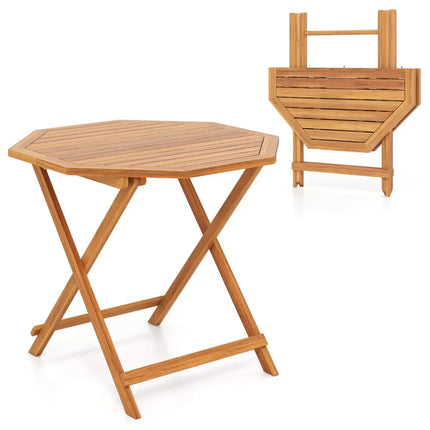 Acacia Wood Outdoor Folding Dining Table for 4 Octagonal with Slatted Tabletop - Natural - Patio Dining Tables