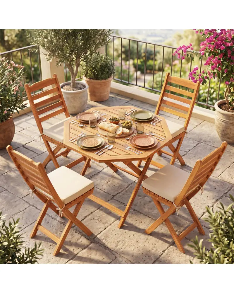 Acacia Wood Outdoor Folding Dining Table for 4 Octagonal with Slatted Tabletop - Natural - Patio Dining Tables