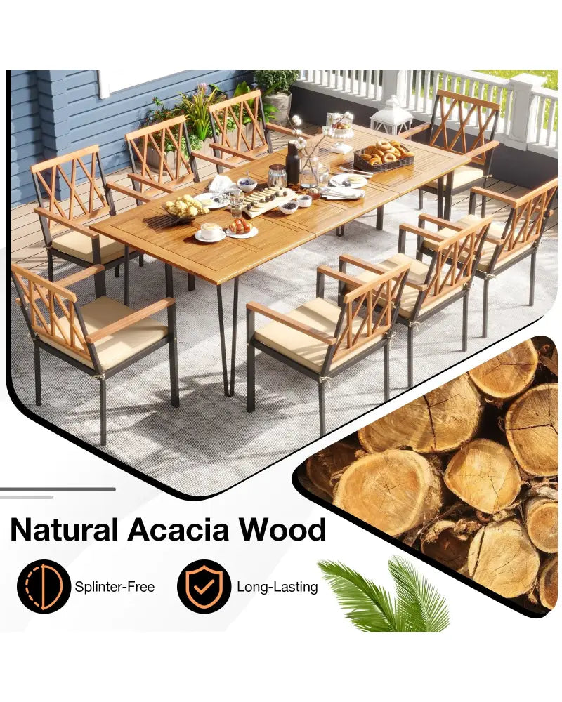 Acacia Wood Outdoor Furniture Set 9 Pieces Patio Dining Set with 8 Chairs - Natural - Patio Dining Sets