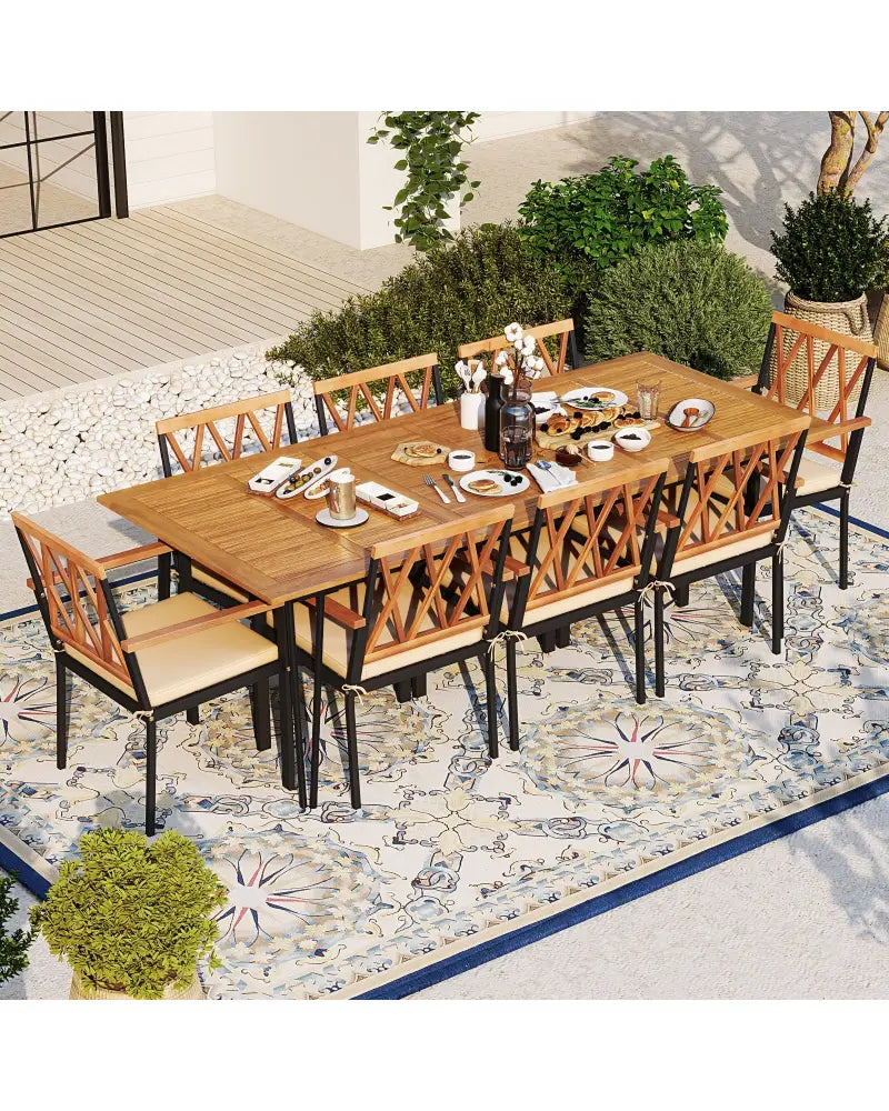Acacia Wood Outdoor Furniture Set 9 Pieces Patio Dining Set with 8 Chairs - Natural - Patio Dining Sets