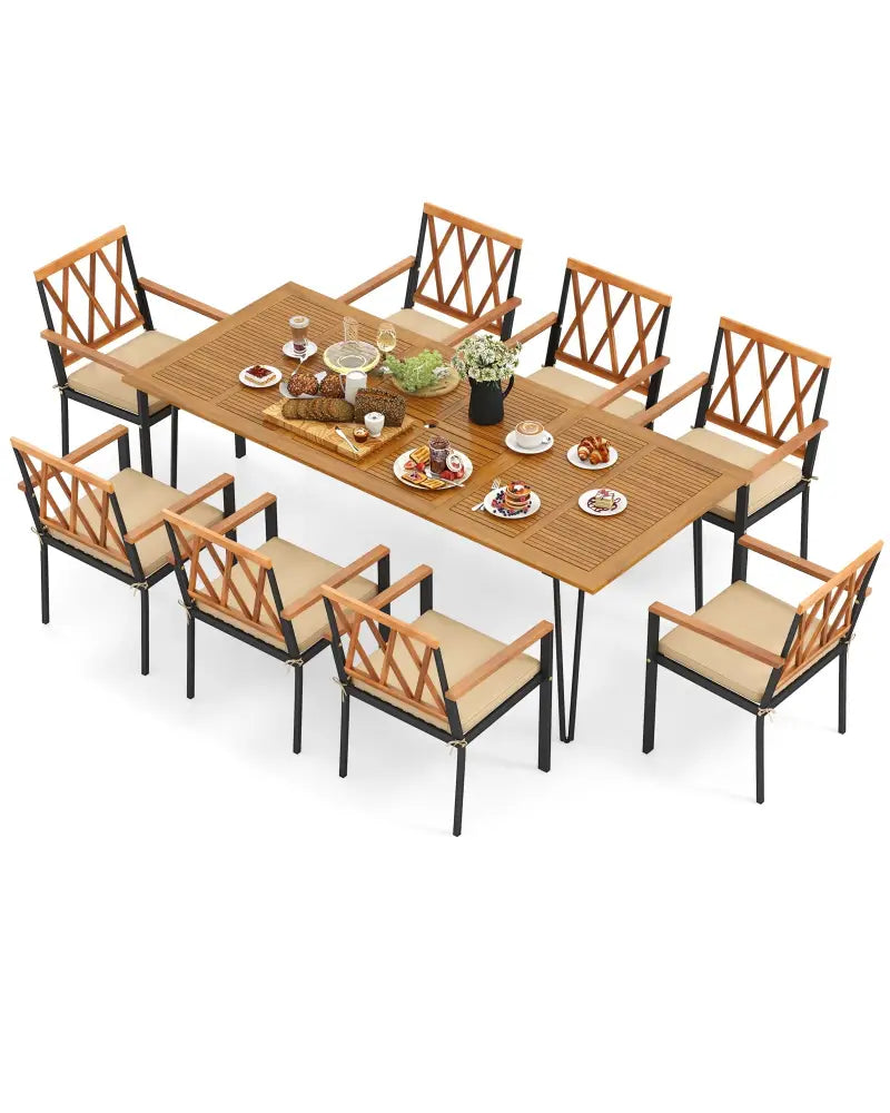 Acacia Wood Outdoor Furniture Set 9 Pieces Patio Dining Set with 8 Chairs - Natural - Patio Dining Sets