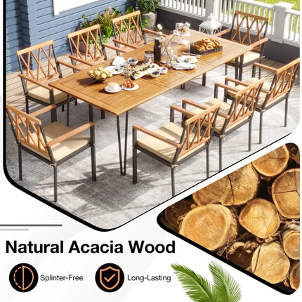 Acacia Wood Outdoor Furniture Set 9 Pieces Patio Dining Set with 8 Chairs - Natural - Patio Dining Sets