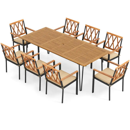 Acacia Wood Outdoor Furniture Set 9 Pieces Patio Dining Set with 8 Chairs - Natural - Patio Dining Sets