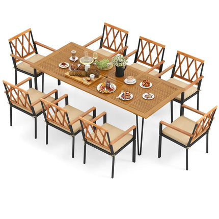 Acacia Wood Outdoor Furniture Set 9 Pieces Patio Dining Set with 8 Chairs - Natural - Patio Dining Sets
