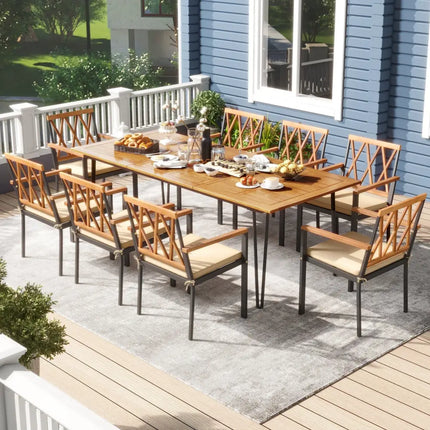 Acacia Wood Outdoor Furniture Set 9 Pieces Patio Dining Set with 8 Chairs - Natural - Patio Dining Sets