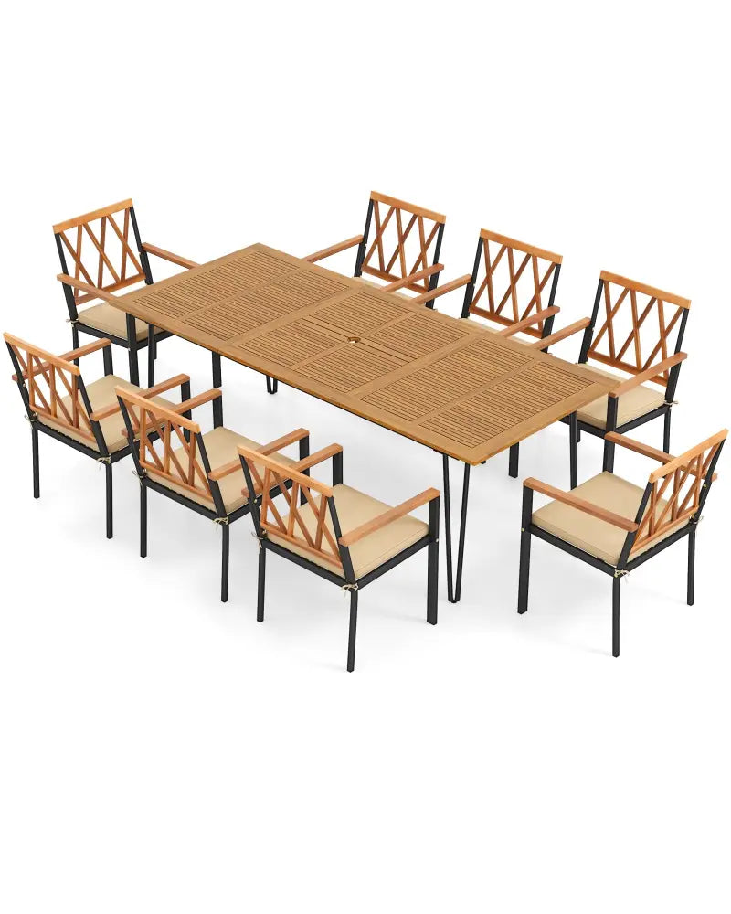 Acacia Wood Outdoor Furniture Set 9 Pieces Patio Dining Set with 8 Chairs - Natural - Patio Dining Sets