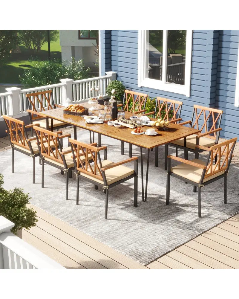Acacia Wood Outdoor Furniture Set 9 Pieces Patio Dining Set with 8 Chairs - Natural - Patio Dining Sets