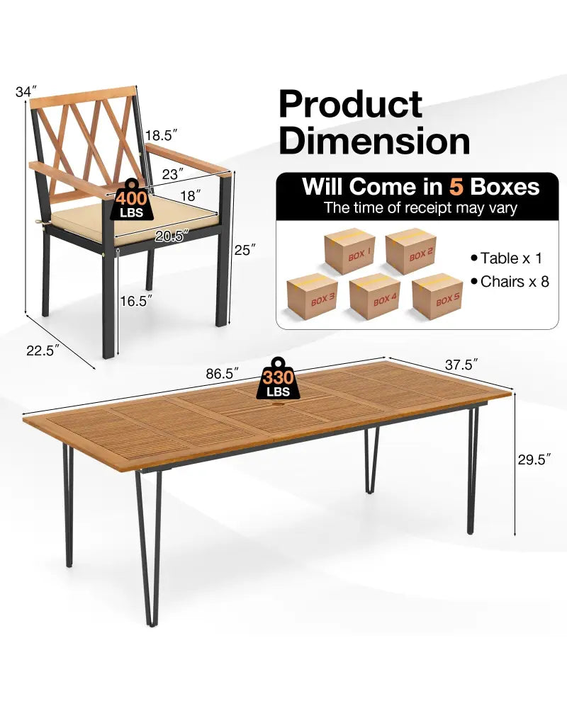 Acacia Wood Outdoor Furniture Set 9 Pieces Patio Dining Set with 8 Chairs - Natural - Patio Dining Sets