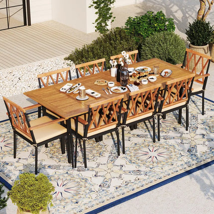 Acacia Wood Outdoor Furniture Set 9 Pieces Patio Dining Set with 8 Chairs - Natural - Patio Dining Sets