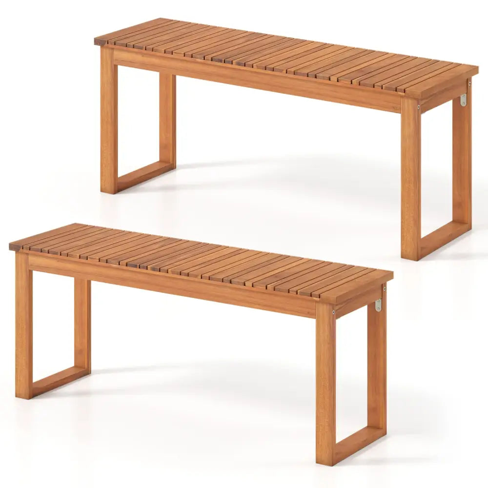 Acacia Wood Outdoor Garden Bench Set of 1/2 with Slatted Seat for Front Porch-Set of 2 - Outdoor Benches
