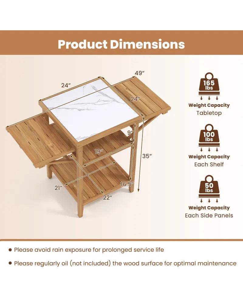 Acacia Wood Outdoor Grill Table with Faux Marble Top and Drop-Leaf Side Panels - Natural - Camping Furniture