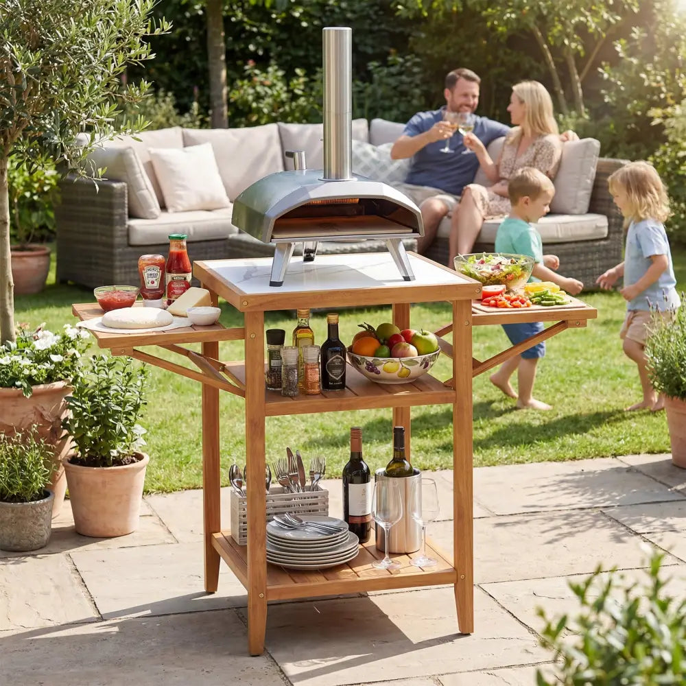 Acacia Wood Outdoor Grill Table with Faux Marble Top and Drop-Leaf Side Panels - Natural - Camping Furniture