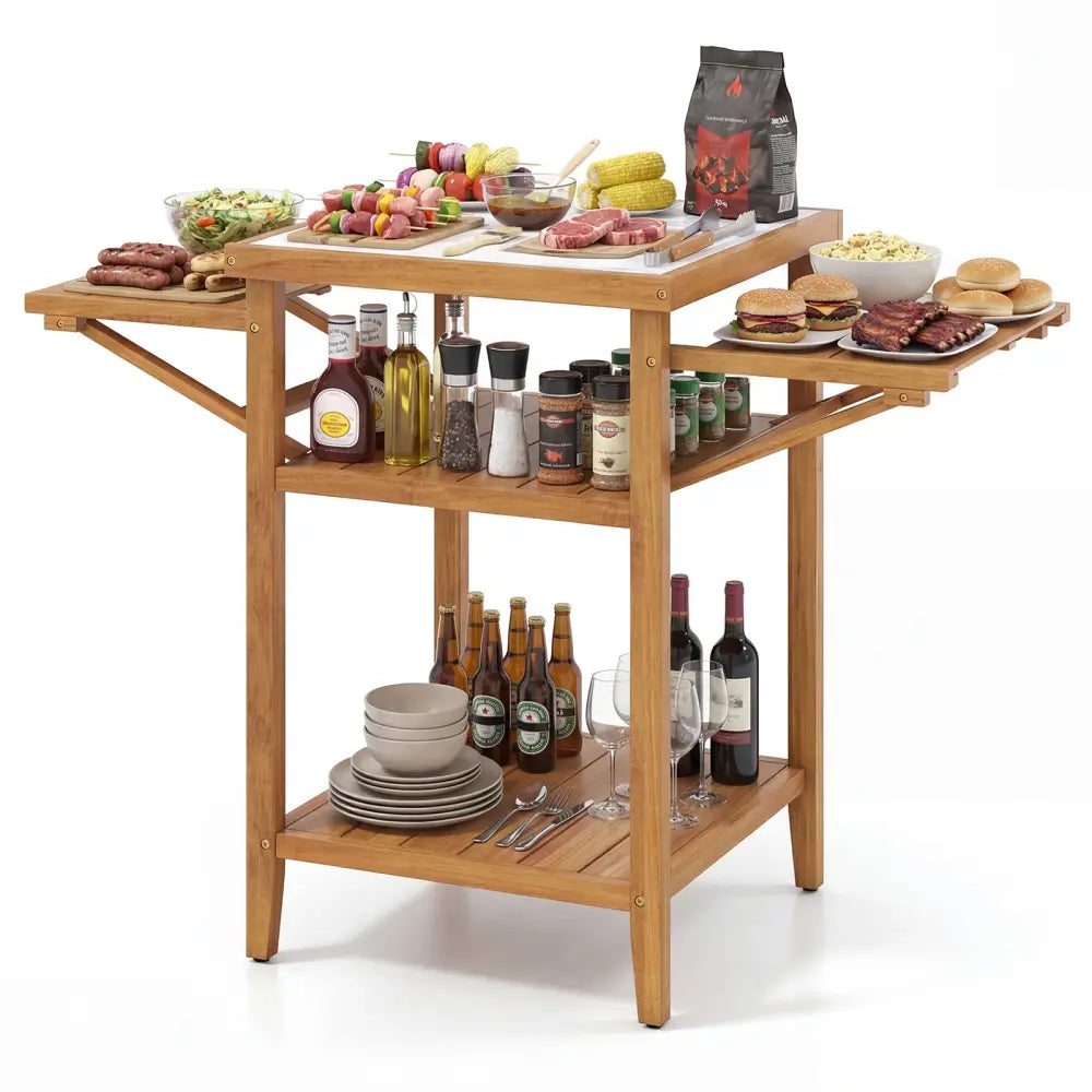 Acacia Wood Outdoor Grill Table with Faux Marble Top and Drop-Leaf Side Panels - Natural - Camping Furniture
