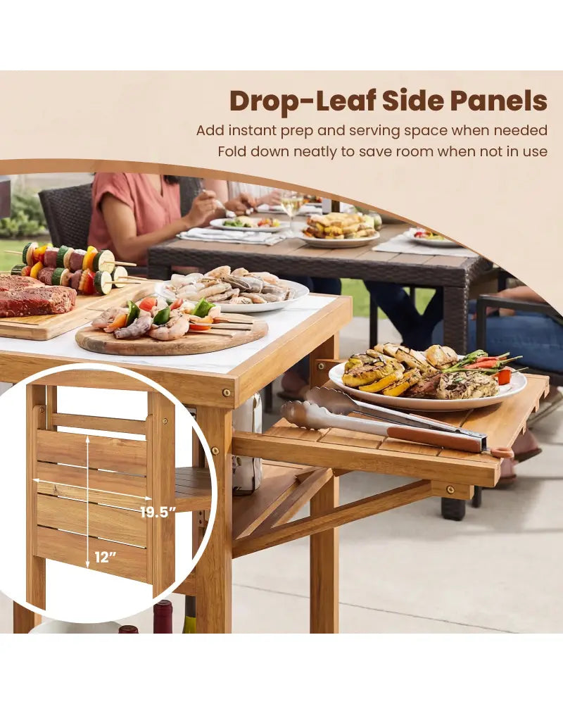 Acacia Wood Outdoor Grill Table with Faux Marble Top and Drop-Leaf Side Panels - Natural - Camping Furniture
