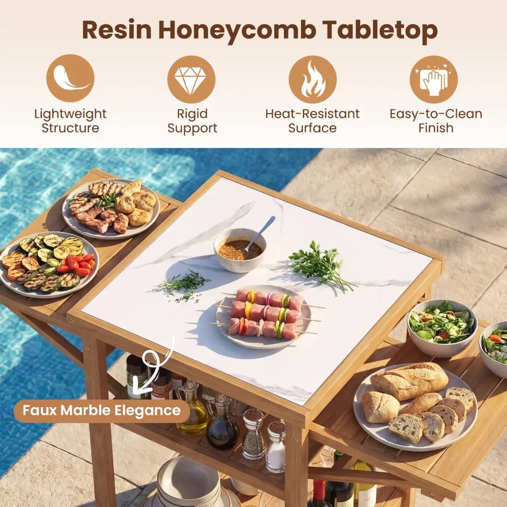 Acacia Wood Outdoor Grill Table with Faux Marble Top and Drop-Leaf Side Panels - Natural - Camping Furniture