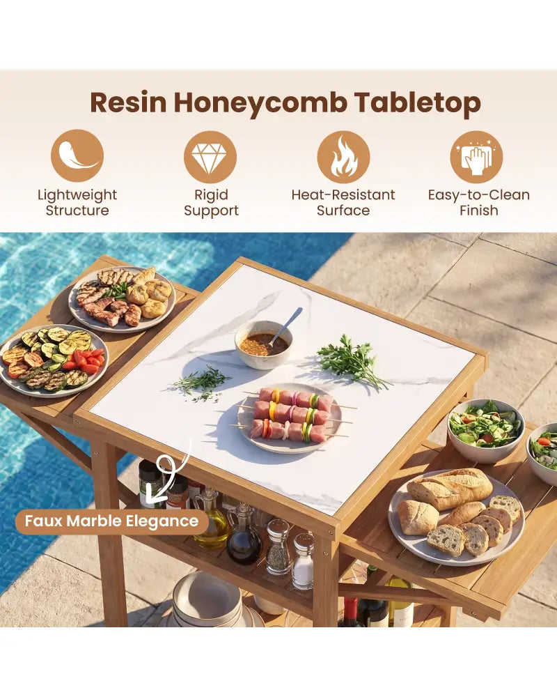 Acacia Wood Outdoor Grill Table with Faux Marble Top and Drop-Leaf Side Panels - Natural - Camping Furniture