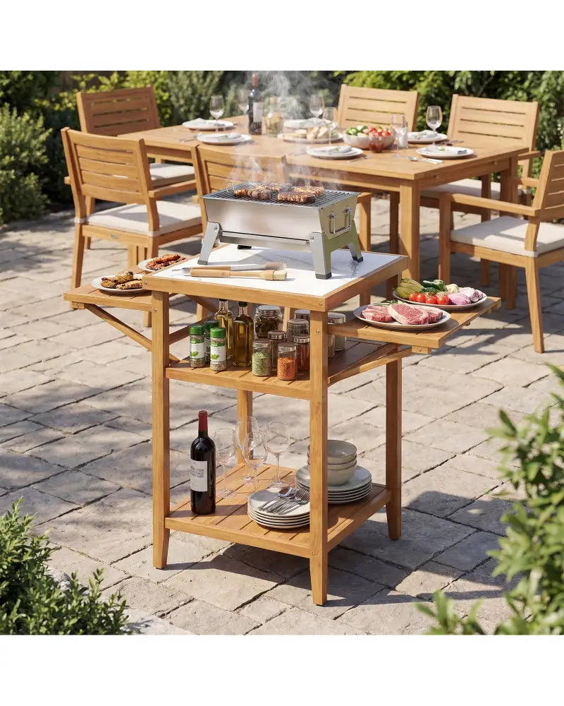 Acacia Wood Outdoor Grill Table with Faux Marble Top and Drop-Leaf Side Panels - Natural - Camping Furniture