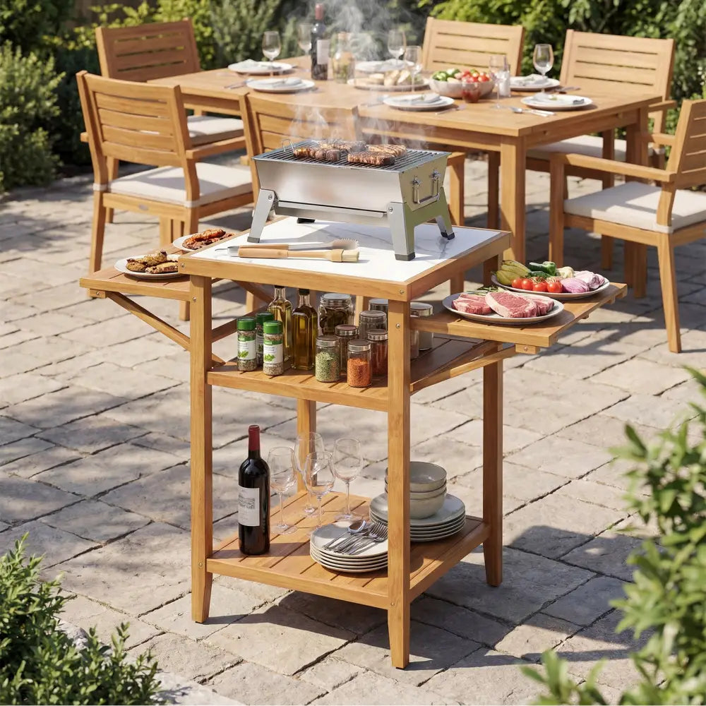 Acacia Wood Outdoor Grill Table with Faux Marble Top and Drop-Leaf Side Panels - Natural - Camping Furniture