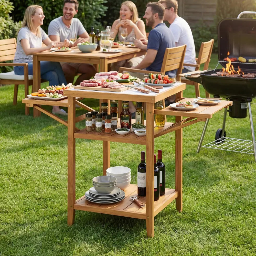 Acacia Wood Outdoor Grill Table with Faux Marble Top and Drop-Leaf Side Panels - Natural - Camping Furniture