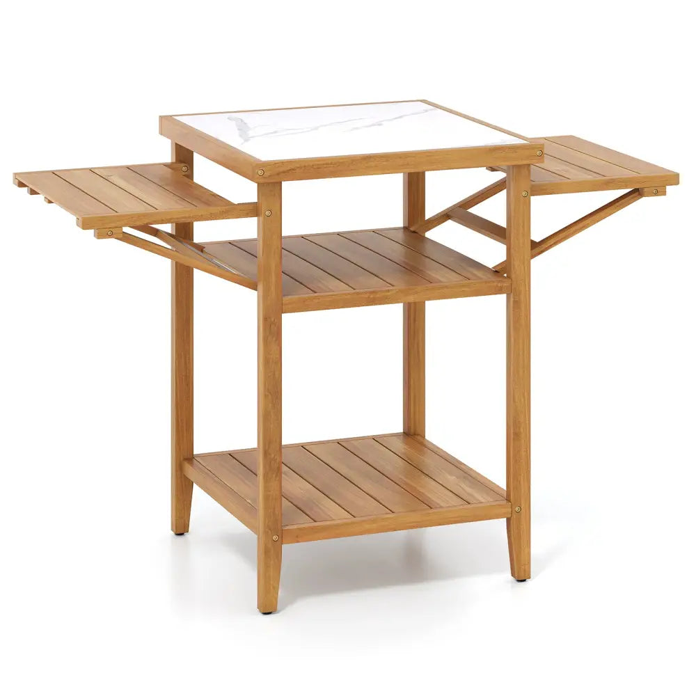 Acacia Wood Outdoor Grill Table with Faux Marble Top and Drop-Leaf Side Panels - Natural - Camping Furniture