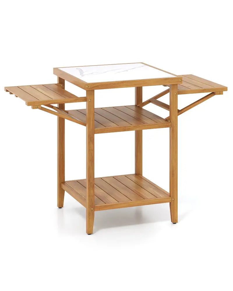 Acacia Wood Outdoor Grill Table with Faux Marble Top and Drop-Leaf Side Panels - Natural - Camping Furniture
