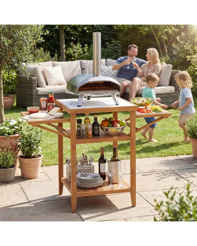 Acacia Wood Outdoor Grill Table with Faux Marble Top and Drop-Leaf Side Panels - Natural - Camping Furniture