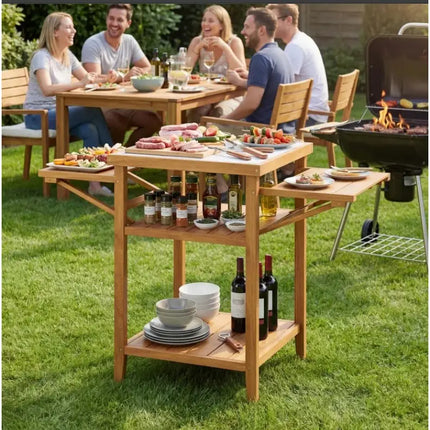 Acacia Wood Outdoor Grill Table with Faux Marble Top and Drop - Leaf Side Panels - Oasis Home Essentials