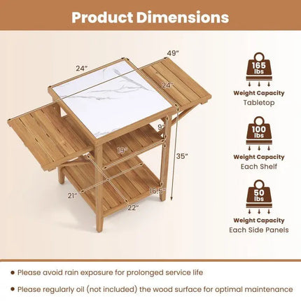 Acacia Wood Outdoor Grill Table with Faux Marble Top and Drop - Leaf Side Panels - Oasis Home Essentials