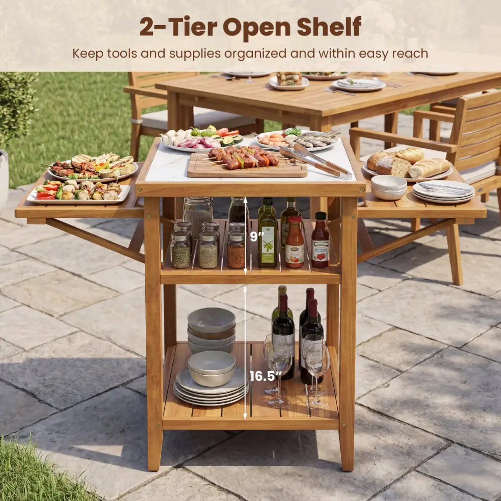 Acacia Wood Outdoor Grill Table with Faux Marble Top and Drop-Leaf Side Panels - Natural - Camping Furniture
