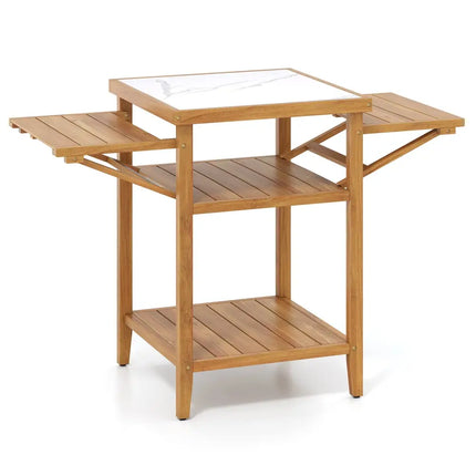 Acacia Wood Outdoor Grill Table with Faux Marble Top and Drop - Leaf Side Panels - Oasis Home Essentials
