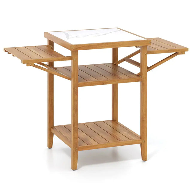 Acacia Wood Outdoor Grill Table with Faux Marble Top and Drop - Leaf Side Panels - Oasis Home Essentials