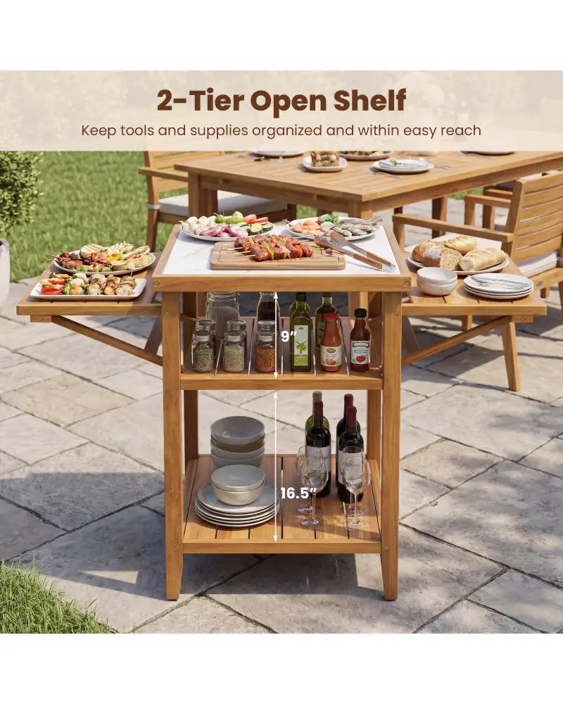 Acacia Wood Outdoor Grill Table with Faux Marble Top and Drop-Leaf Side Panels - Natural - Camping Furniture
