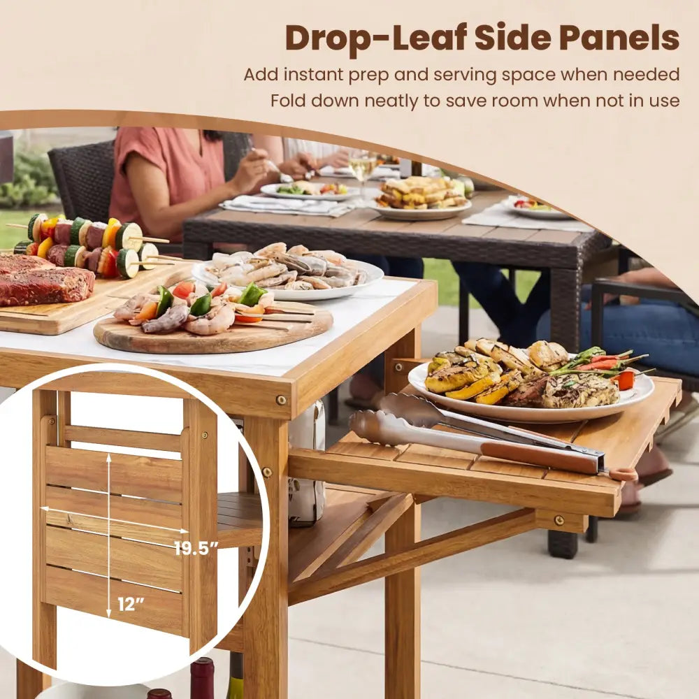 Acacia Wood Outdoor Grill Table with Faux Marble Top and Drop-Leaf Side Panels - Natural - Camping Furniture