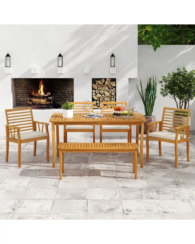 Acacia Wood Outdoor Table and Bench Chairs Set with 1.97 Inch Umbrella Hole - Patio Dining Sets