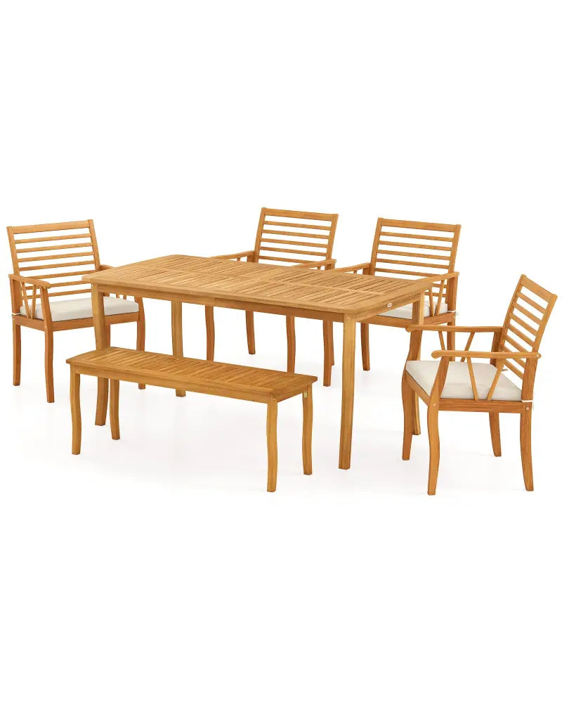 Acacia Wood Outdoor Table and Bench Chairs Set with 1.97 Inch Umbrella Hole - Patio Dining Sets