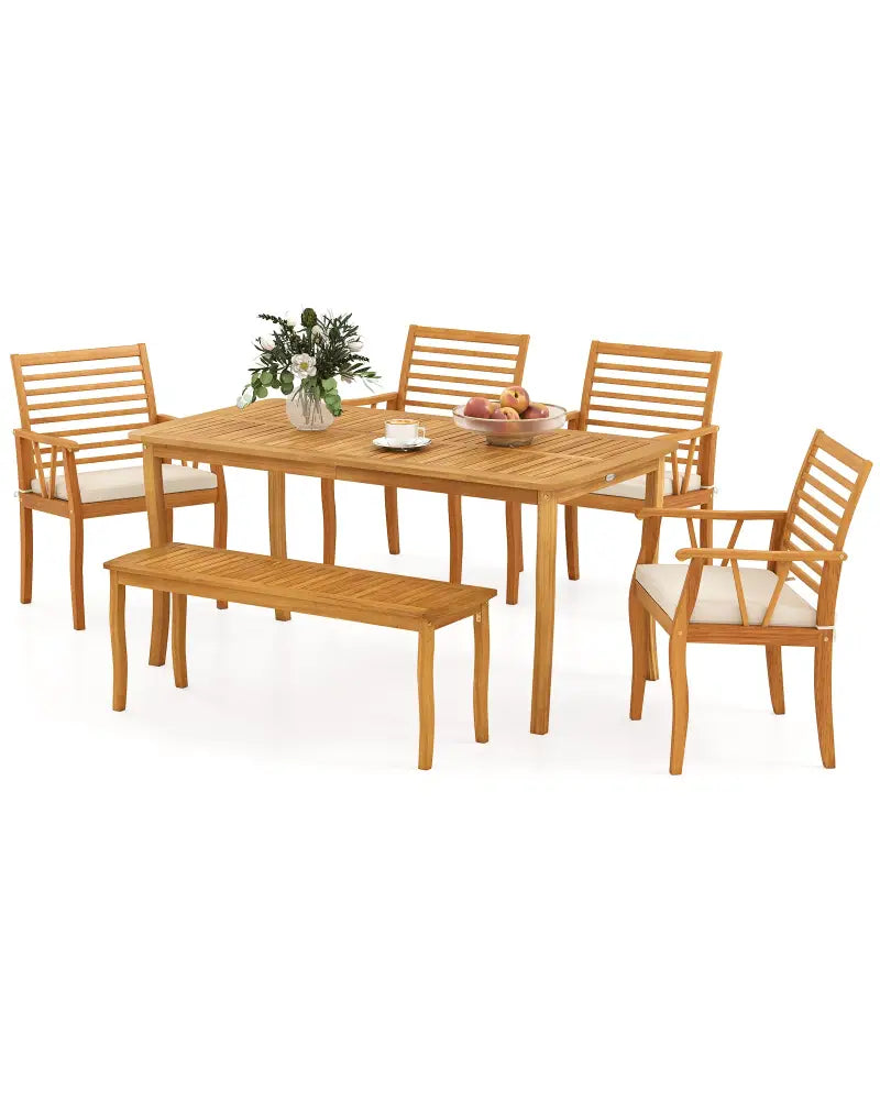 Acacia Wood Outdoor Table and Bench Chairs Set with 1.97 Inch Umbrella Hole - Patio Dining Sets