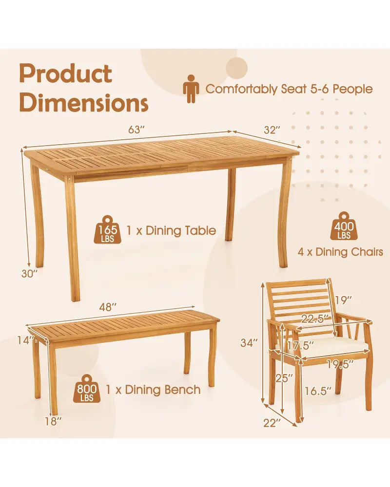 Acacia Wood Outdoor Table and Bench Chairs Set with 1.97 Inch Umbrella Hole - Patio Dining Sets