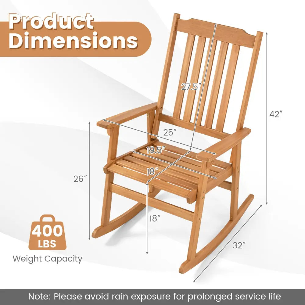 Acacia Wood Oversized Rocking Chair with High Back and Armrests for Outdoor-Natural - Natural - Patio Rocking Chairs &