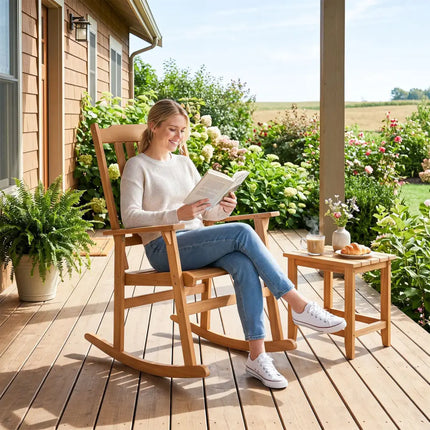 Acacia Wood Oversized Rocking Chair with High Back and Armrests for Outdoor-Natural - Natural - Patio Rocking Chairs &