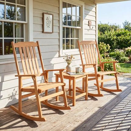 Acacia Wood Oversized Rocking Chair with High Back and Armrests for Outdoor-Natural - Natural - Patio Rocking Chairs &