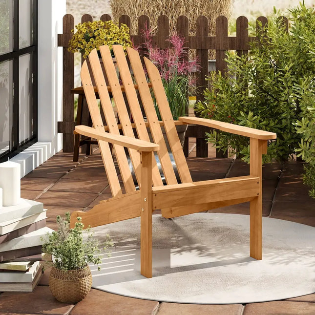 Acacia Wood Patio Adirondack Chair with Inclined Seat and High Backrest for Porch Poolside-Natural - Natural