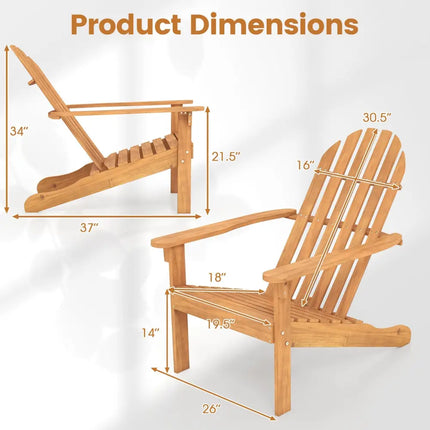 Acacia Wood Patio Adirondack Chair with Inclined Seat and High Backrest for Porch Poolside-Natural - Natural
