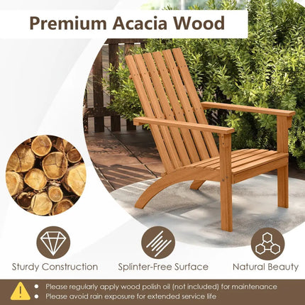 Acacia Wood Patio Adirondack Chair with Inclined Seat and High Backrest for Porch-Natural - Natural - Adirondack Chairs
