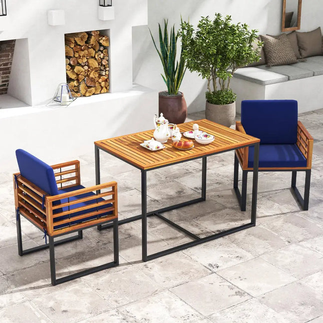 Acacia Wood Patio Dining Table with Metal Frame-Navy - Navy - Patio Dining Sets