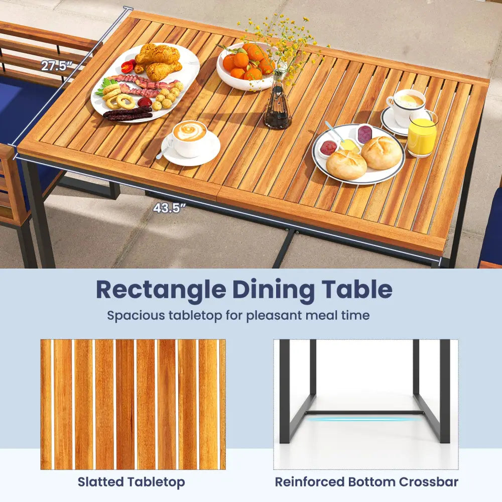 Acacia Wood Patio Dining Table with Metal Frame-Navy - Navy - Patio Dining Sets