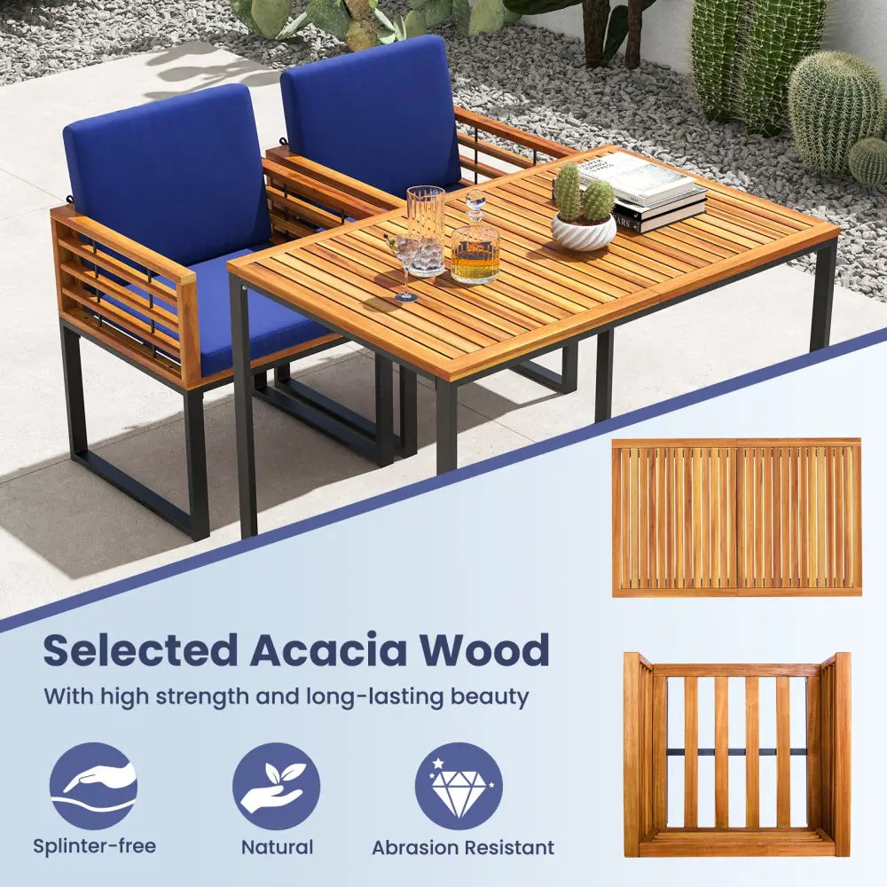 Acacia Wood Patio Dining Table with Metal Frame-Navy - Navy - Patio Dining Sets