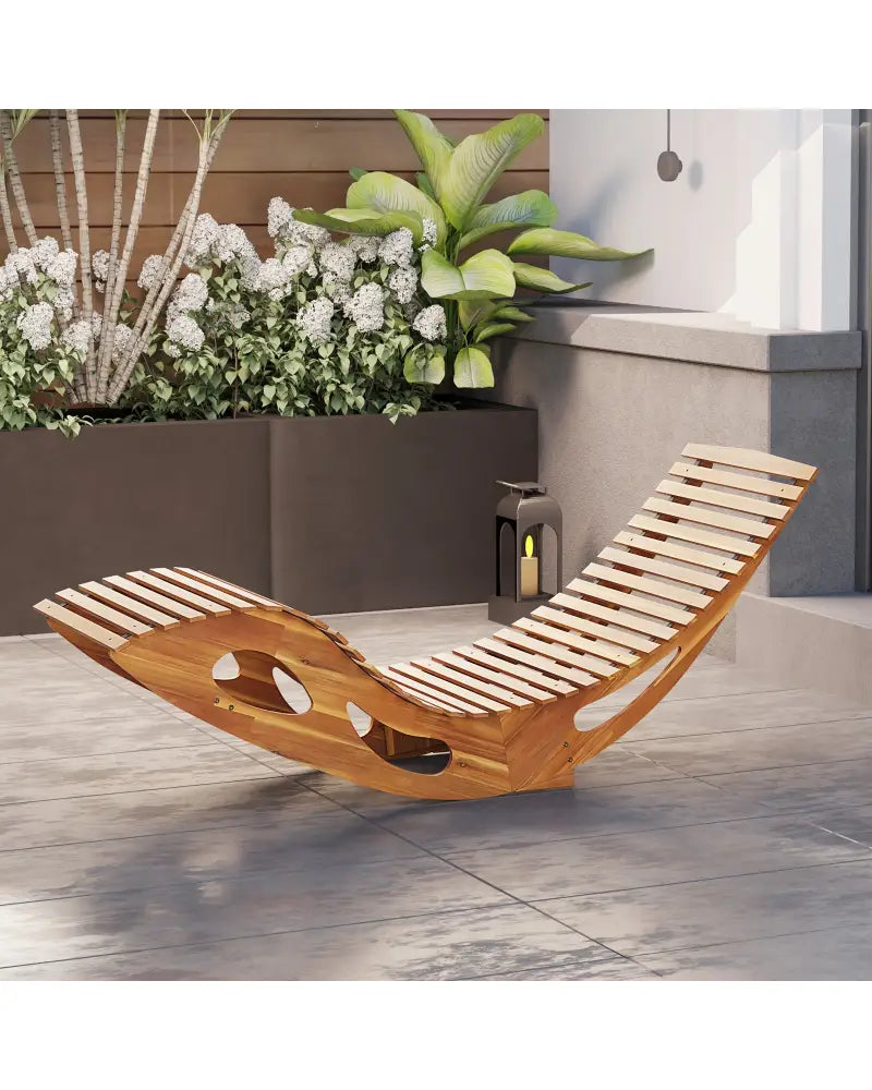 Acacia Wood Patio Rocking Sun Lounger Chaise Lounge with Ergonomic Curved Seat - Natural - Patio Rocking Chairs &
