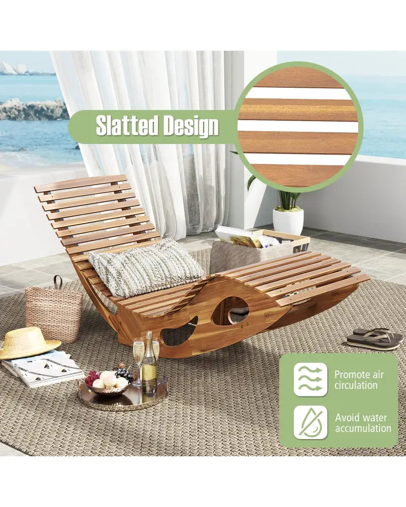 Acacia Wood Patio Rocking Sun Lounger Chaise Lounge with Ergonomic Curved Seat - Natural - Patio Rocking Chairs &