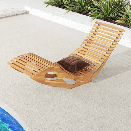 Acacia Wood Patio Rocking Sun Lounger Chaise Lounge with Ergonomic Curved Seat - Natural - Patio Rocking Chairs &
